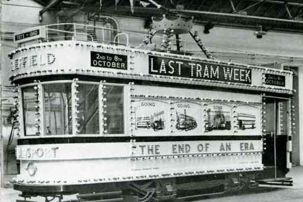 Open-top illuminated double-deck car decorated for Sheffield's Last Tram Week, 1960 (Y12743)