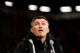 Paul Heckingbottom, Manager of Sheffield United, looks on prior to the Premier League match between Sheffield United and Wolverhampton Wanderers at Bramall Lane on November 04, 2023 in Sheffield, England. (Photo by Marc Atkins/Getty Images)