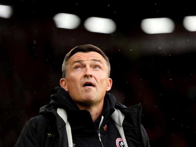 Paul Heckingbottom, Manager of Sheffield United, looks on prior to the Premier League match between Sheffield United and Wolverhampton Wanderers at Bramall Lane on November 04, 2023 in Sheffield, England. (Photo by Marc Atkins/Getty Images)