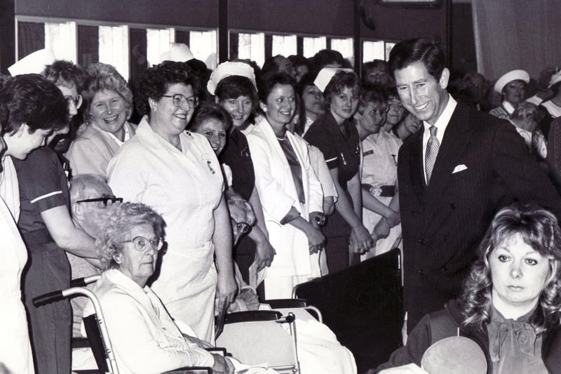 Prince Charles chats to patients and staff in the Sports Hall at Lodge Moor Hospital, Sheffield - 9 June 1987