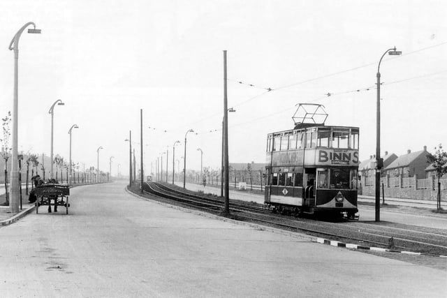 It's a quiet day on Durham Road in 1951 as the Sunderland Corporation tram 87 descends Mile Bank on it's way to Seaburn via Fulwell. Photo: Bill Hawkins.