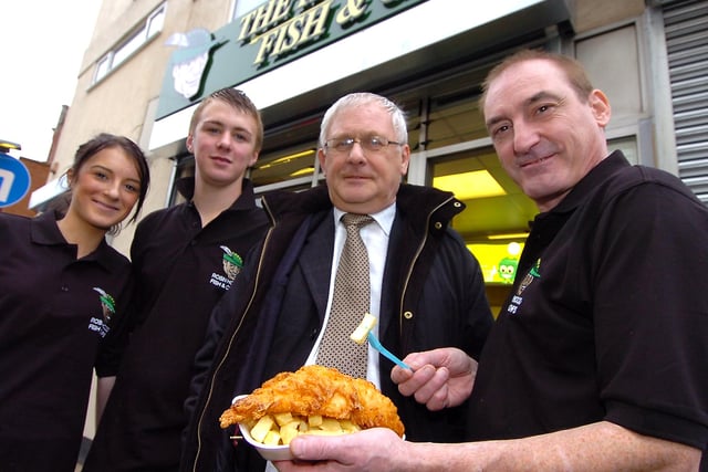 Elected Mayor Peter Davies popped along to The Robin Hood Fish and Chip shop in Spring Gardens, Doncaster, in 2009, to officially open the premises. Our picture shows owner Robert Pearce (right) with Mayor Davies, and staff Jade Woods, of Edlington, and  Aiden Silman, of Balby, who are both aged 16.