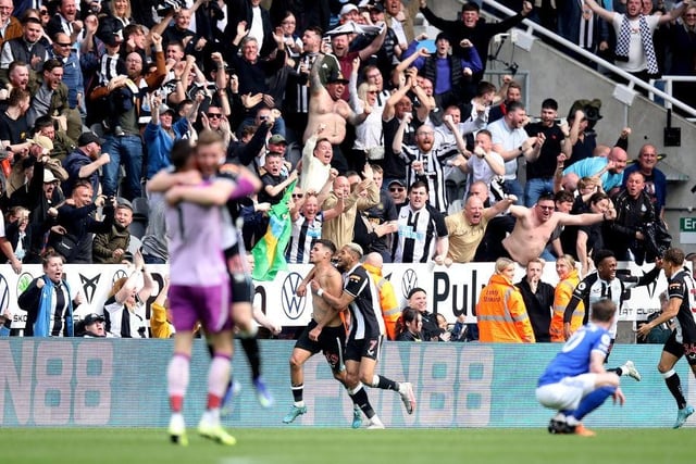 Bruno Guimaraes celebrates with Joelinton of Newcastle United after scoring their team’s second goal during the Premier League match between Newcastle United and Leicester City.