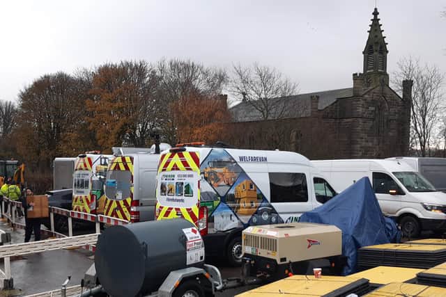 Pictured is a temporary emergency HQ for Cadent Gas and Yorkshire Water workers at Lomas Hall, Stannington, Sheffield, as they continue to resolve a burst water main crisis that has flooded gas pipes in the area and left many without heating.