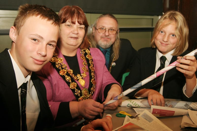 Netherthorpe pupils James Pogmore and Chelsea Machon got a helping hand tower building from Chesterfield mayor Christine Ludlow and consort Kevin Ludlow.