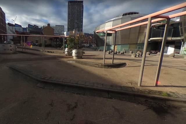Before: A Google Maps image of CIQ Square at the junction of Brown Street and Paternoster Row, Sheffield, before its makeover