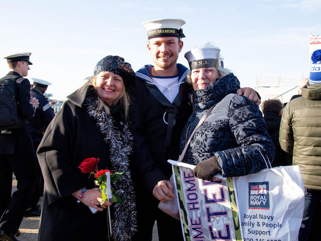 Jackie McFarlane, with son, Peter and Irene McFarlane at HMS Diamond's homecoming. Picture: Habibur Rahman