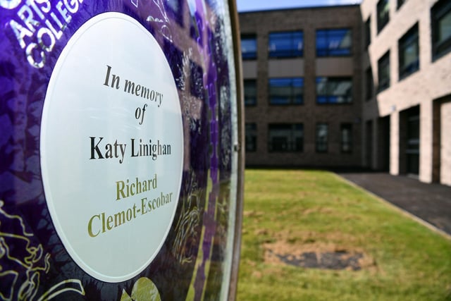 The memorial to former students Katy Linighan and Richard Clemot-Escobar in the new St Francis Garden at English Martyrs School & Sixth Form College's new building.  Picture by FRANK REID