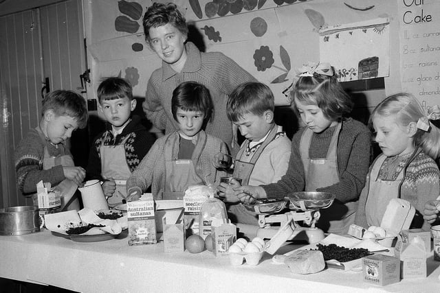 Hetts Lane pupils making Christmas cake in 1965