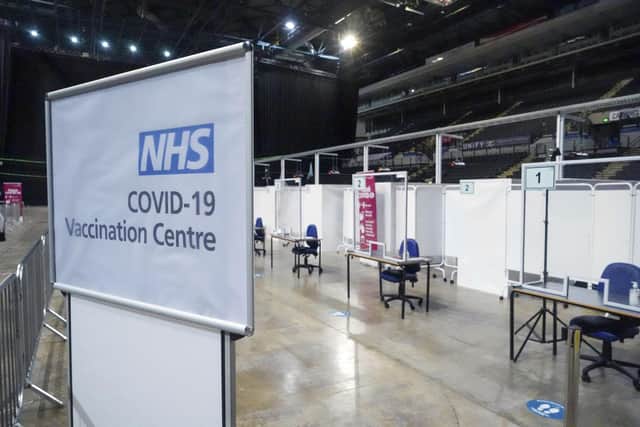 Check-in desks at the Sheffield Arena vaccination centre