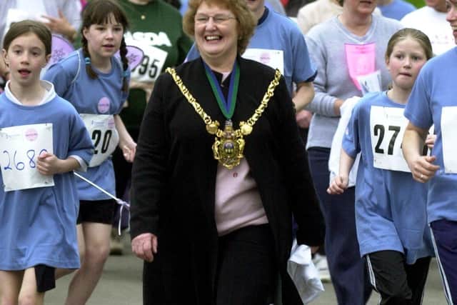 Pat Midgley pictured doing a lap of the Don Valley stadium for the Race for Life in 2016, when she was Lord Mayor of Sheffield