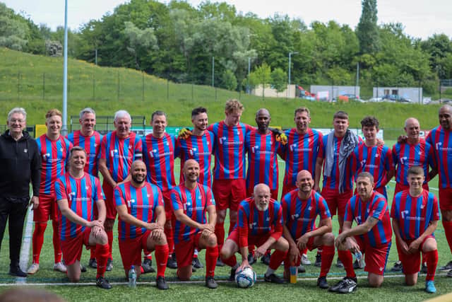 The Sheffield Legends team, who beat Hallam FC Veterans in the Harry Brearley Charity Cup, raising more than £2,000 for Sheffield charity Roundabout (pic: Green Vision Photography)