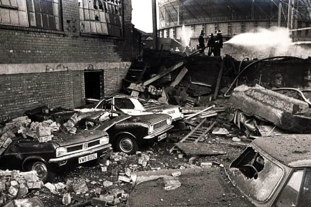 Wrecked cars after an explosion at the Effingham Street gas works in Sheffield in October 1973