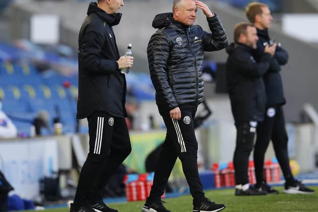 Chris Wilder and his assistant Alan Knill (L) during Sheffield United's draw with Brighton and Hove Albion: David Klein/Sportimage