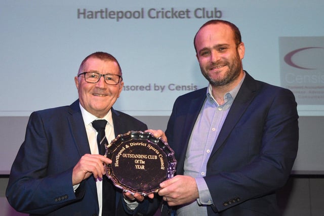 Salaam Shaheen, of Censis Accounting, presents the Outstanding Club of the Year award to Hartlepool Cricket Club chairman Alan Jackson.
