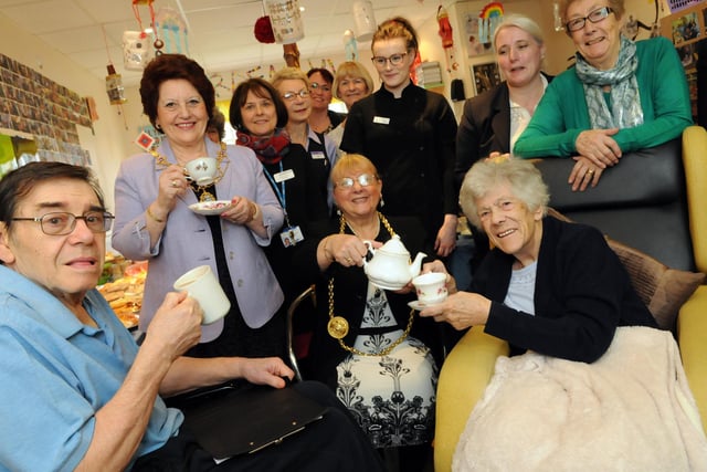 South Tyneside Mayor Fay Cunningham (middle) and mayoress Stella Matthewson take part in tea party event to mark national nutrition and hydration week at Garden Hill Care Home. At the front are residents Nick Gibbson and Betty Hedley.