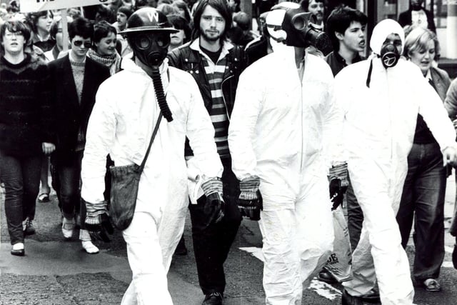 Marching against the bomb in Sheffield in April 1982 as part of the Campaign for Nuclear Disarmament (CND)