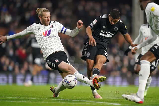 Sheffield United's Iliman Ndiaye scores their side's first goal of the game during the Sky Bet Championship match at Craven Cottage, London. Picture date: Monday December 20, 2021. PA Photo. See PA story SOCCER Fulham. Photo credit should read: Adam Davy/PA Wire.