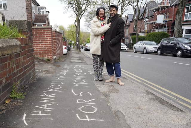 Fiona Newman surprised her partner Jimmy on their anniversary by drawing romantic chalk messages around his home. Picture Scott Merrylees