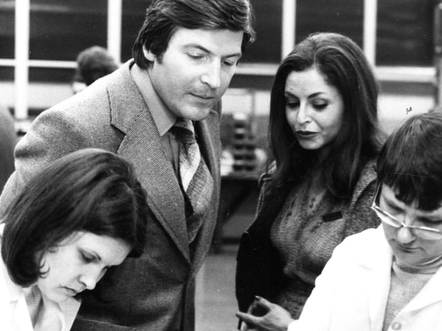 Overseas trade press editors on a visit to the Jarrow factory of Allen Bradley Electronics in 1977.