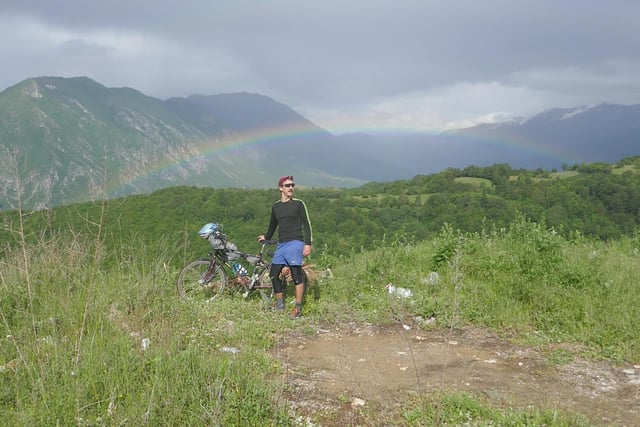 Mike pictured on a training ride in Kosovo before the second leg of his journey.