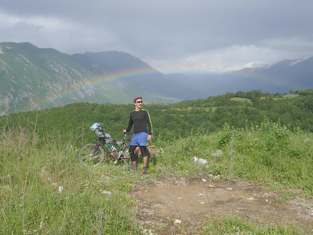 Mike pictured on a training ride in Kosovo before the second leg of his journey.