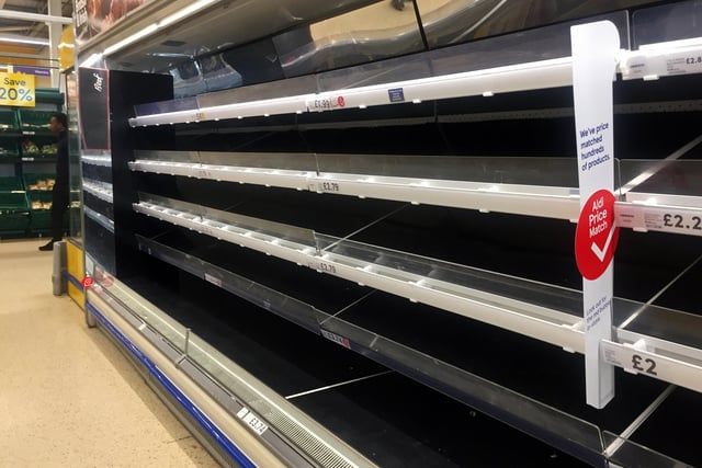 Panic buying has left supermarkets across Doncaster with empty shelves. This was Tesco Extra, Woodfield Plantation, Woodfield Way, yesterday. Picture: NDFP-17-03-20 EmptyShelves 10-NMSY