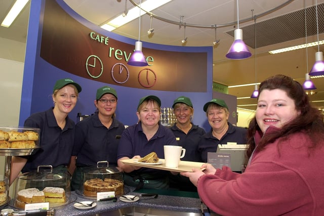 Louise Johnson, oficially opened the revamped and refurbished Doncaster Marks and Spencer in 2002 tried out the store's new Cafe Revive.  Looking on are staff, from left, Sue Willis, Dawn Crabb, Shelley Morgan, Sharon Bradley and June Davison.