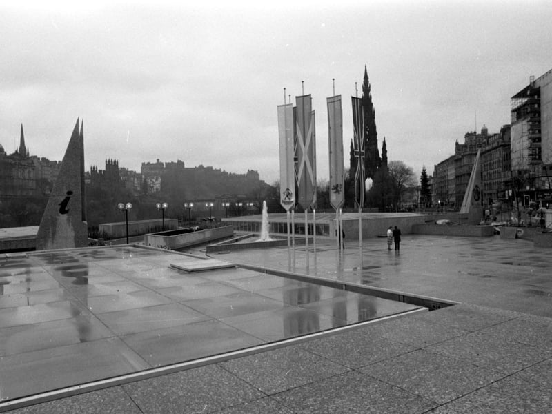 Looking across the plaza of the new Waverley Market on Edinburgh's Princes Street, November 1984. Also in picture Edinburgh Castle and to left, the Information centre 'fin.'