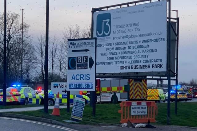 Emergency services vehicles near the scene of the crash on Balby Carr Bank, Doncaster