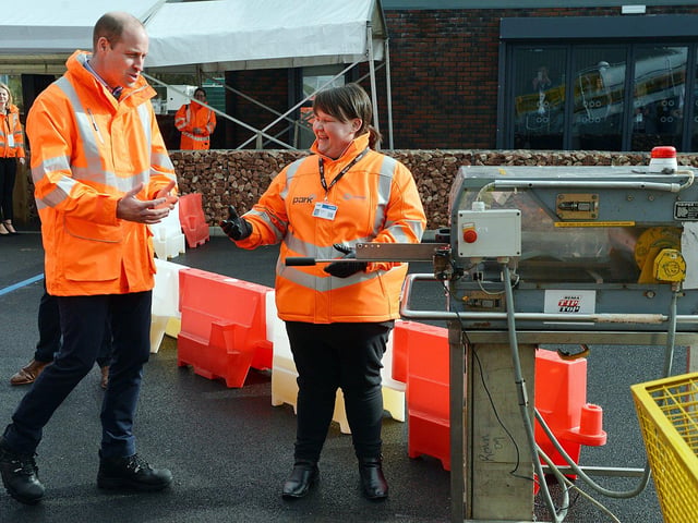 The Duke of Cambridge visits Tarmac's national skills and safety park to officially open the centre. The Duke of Cambridge being shown the conveyor belt safety device by trainer Katie Barrett.