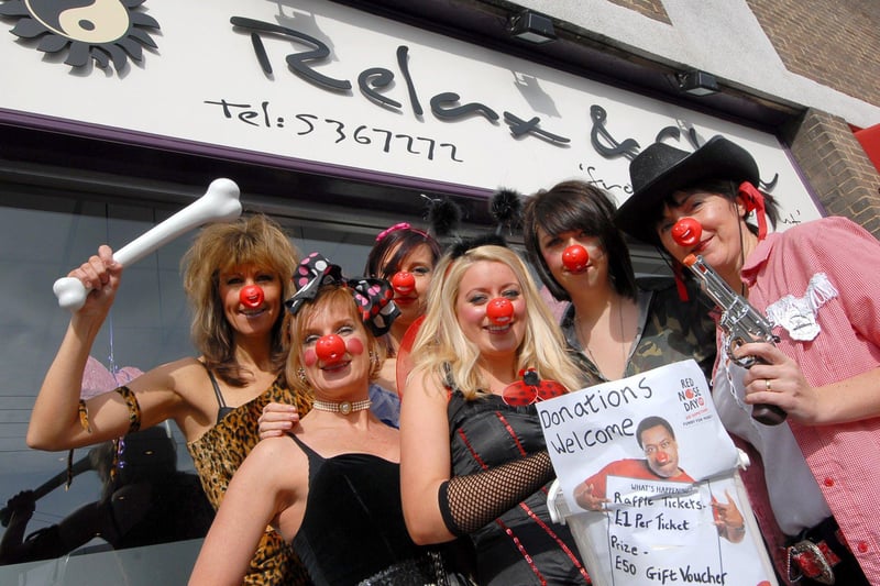 Relax and Glow salon staff dress up in Cleadon in 2009 for Red Nose Day.