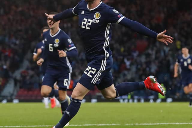 GLASGOW, SCOTLAND - JUNE 08: Oliver Burke of Scotland celebrates after he scores the winning goal during the European Qualifier for UEFA Euro 2020 at Hampden Park on June 08, 2019 in Glasgow, Scotland. (Photo by Ian MacNicol/Getty Images)