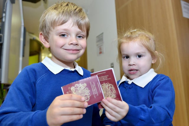 Samuel Bousfield and Scarlett Herring were pictured with their passports as they enjoyed a day learning about different countries at The Space To Learn in King Oswy Drive in 2017.