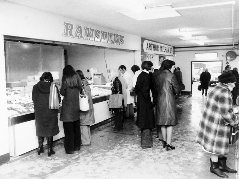 Shoppers choose the catch of the day in the new fish market at Leeds in November 1976.
