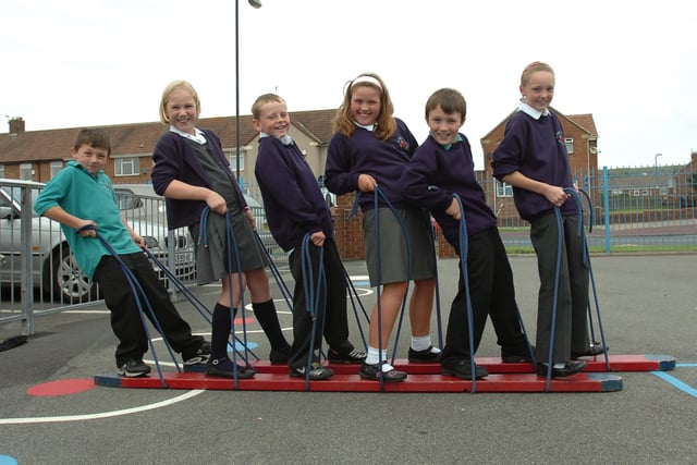 Pupils Patrick Fairless, Harriet Fenny, Harry Linighan, Lucy Dobbin, Niall Garvin and Hannah Sanderson were working out how to stay upright as they tried to walk on a rope ski.