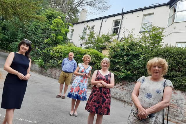 Supporters of the campaign for a blue plaque for Ethel Haythornthwaite, outside her former home and office. PIctured are (l-r) Heather Crookes, Sheffield University; Tomo Thompson, CPRE PDSY; Jean Smart, Ethel's former secretary; Caroline Bolton, archivist; Anne Murphy, Sheffield councillor.