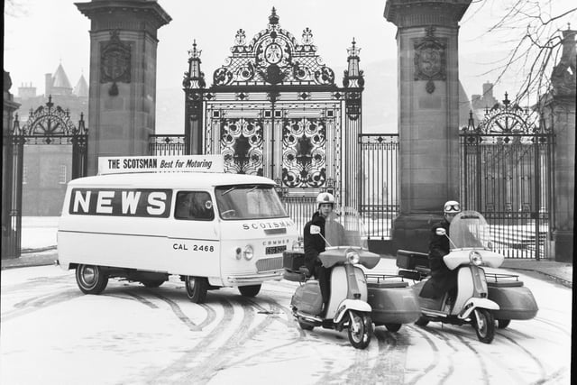The new Scotsman delivery van and scooters outside the gates of Holyrood Palace, Edinburgh, in December 1965.