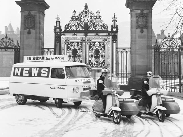 The new Scotsman delivery van and scooters outside the gates of Holyrood Palace, Edinburgh, in December 1965.