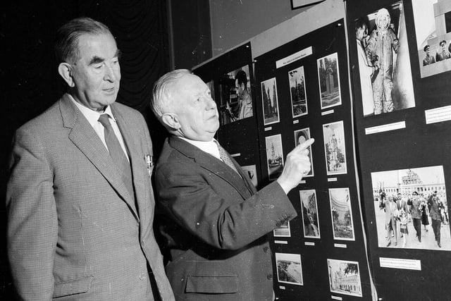 Mr Arthur Woodburn MP and Mr DM Elliot are pictured at the Kiev Photographic Exhibition in Adam House Art Gallery, on Chambers Street, in October 1963.