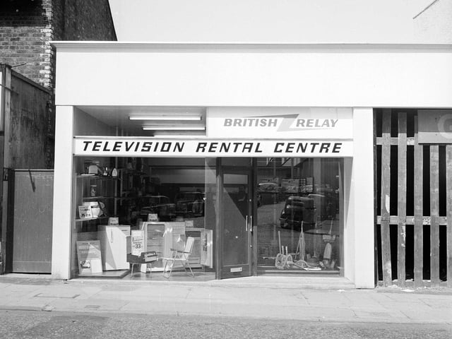 The new shop exterior of the British Relay Television Centre on Dalry Road in June 1965.