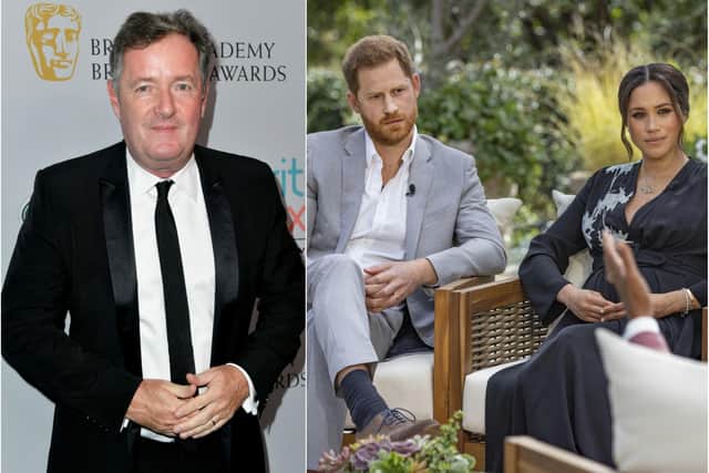 Oprah Winfrey interviews Prince Harry and Meghan Markle (Photo by Harpo Productions/Joe Pugliese via Getty Images) and Piers Morgan  (Photo by Frazer Harrison/Getty Images for BAFTA LA)