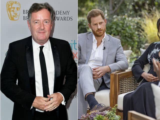 Oprah Winfrey interviews Prince Harry and Meghan Markle (Photo by Harpo Productions/Joe Pugliese via Getty Images) and Piers Morgan  (Photo by Frazer Harrison/Getty Images for BAFTA LA)
