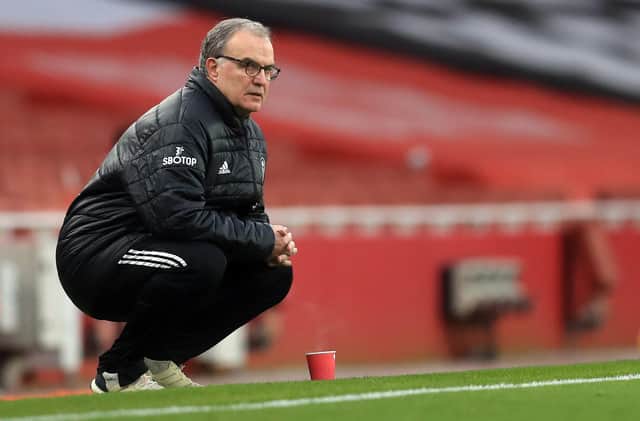Leeds United's Argentinian head coach Marcelo Bielsa watches during the English Premier League football match between Arsenal and Leeds United at the Emirates Stadium in London on February 14, 2021.