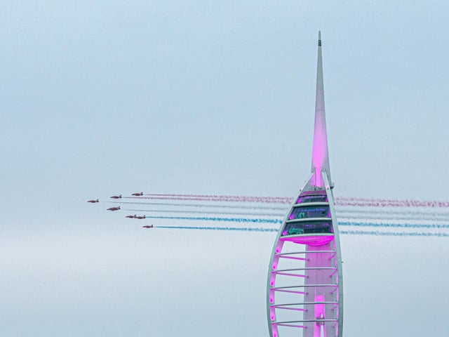 Red Arrows flying above Portsmouth Harbour on Wednesday 20th October 2021. Picture: Habibur Rahman
