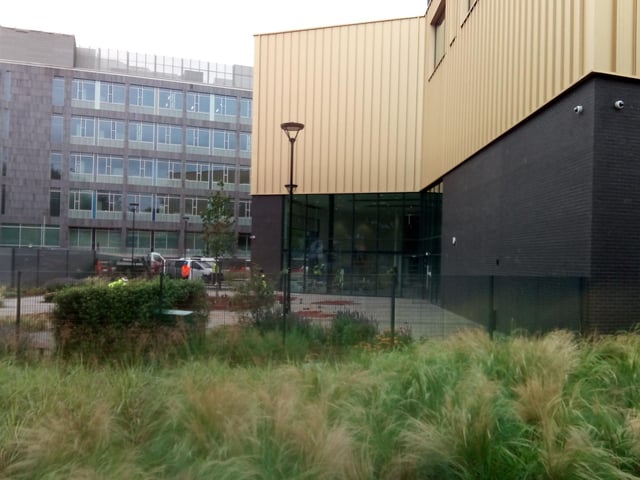 View of the under-construction Danum Gallery, Library and Museum, at Waterdale, from Chequer Road, showing the gardens outside