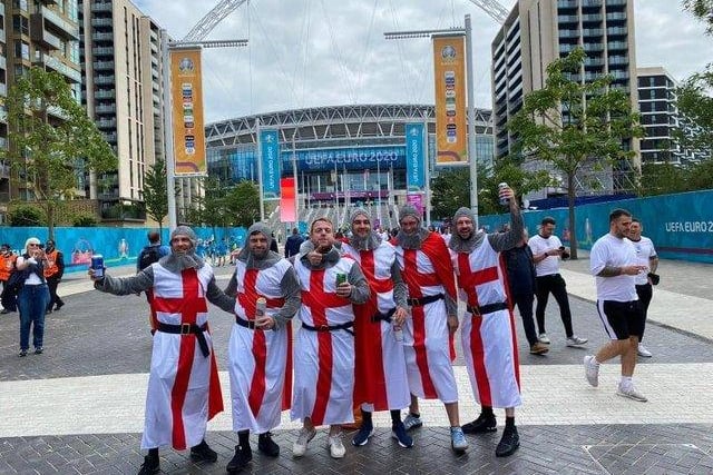 From left to right, Kevin Robinson, Andrew Johnson, Liam Carr, Lee Topping, Ian Turnbull and Craig Bell outside Wembley at Euro semi-final.