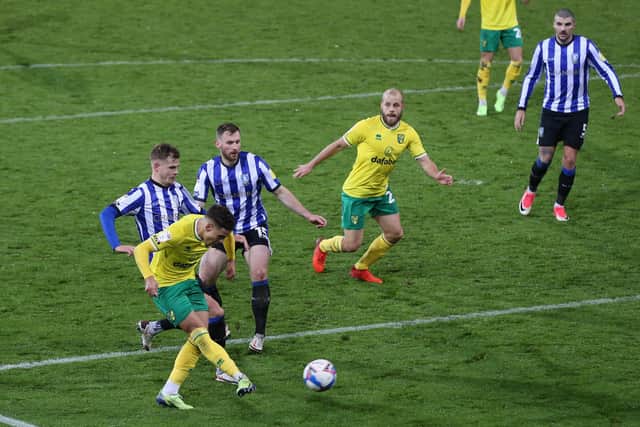 Max Aarons scores Norwich City's second goal in their 2-1 win over Sheffield Wednesday at Carrow Road this afternoon. (Photo by Stephen Pond/Getty Images)
