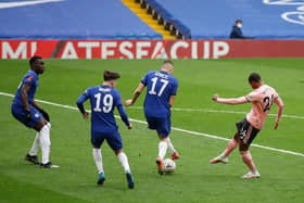 Rhian Brewster of Sheffield United sees his goal bound shot deflected behind for a corner during the FA Cup match at Stamford Bridge, London: David Klein/Sportimage