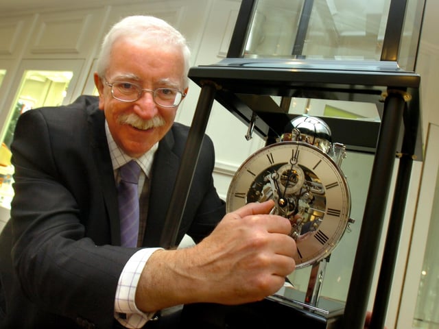 John Molyneux at H.L. Brown Jewellers, Sheffield, with a 9 bell triple chime clock with a hydraulic lift case top, on October 8, 2008